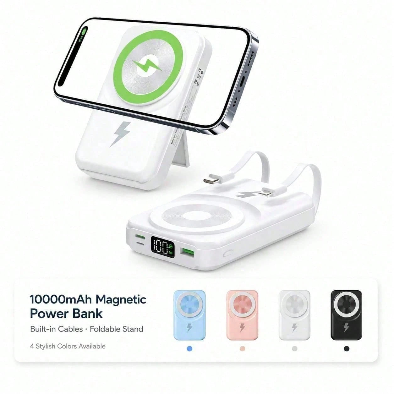 Slim White 10000mAh Magnetic Charger With 15W Wireless And 22.5W Wired Fast Charging, With Percentage Battery Screen, White And Green Styling And Adjustable Hands-Free Stand, Suited To 16, 15, 14, 13