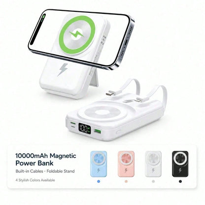 Slim White 10000mAh Magnetic Charger With 15W Wireless And 22.5W Wired Fast Charging, With Percentage Battery Screen, White And Green Styling And Adjustable Hands-Free Stand, Suited To 16, 15, 14, 13
