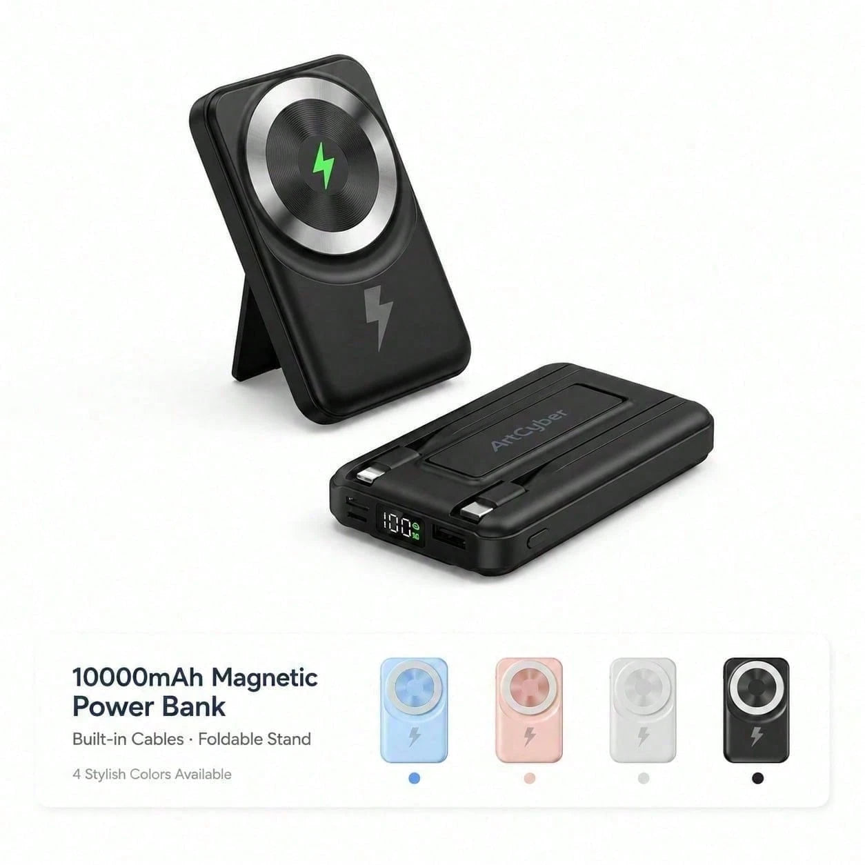 Slim White 10000mAh Magnetic Charger With 15W Wireless And 22.5W Wired Fast Charging, With Percentage Battery Screen, White And Green Styling And Adjustable Hands-Free Stand, Suited To 16, 15, 14, 13