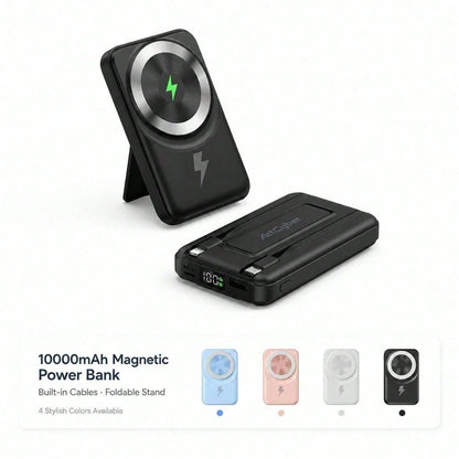 Slim White 10000mAh Magnetic Charger With 15W Wireless And 22.5W Wired Fast Charging, With Percentage Battery Screen, White And Green Styling And Adjustable Hands-Free Stand, Suited To 16, 15, 14, 13