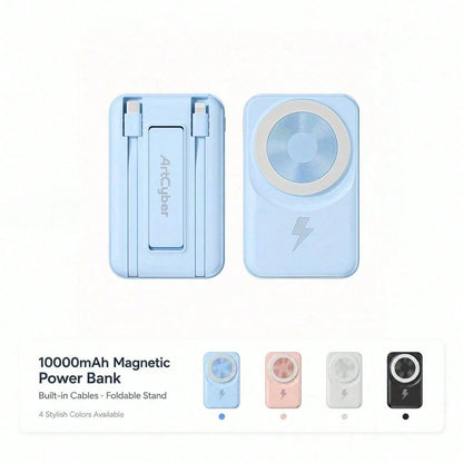 Slim White 10000mAh Magnetic Charger With 15W Wireless And 22.5W Wired Fast Charging, With Percentage Battery Screen, White And Green Styling And Adjustable Hands-Free Stand, Suited To 16, 15, 14, 13