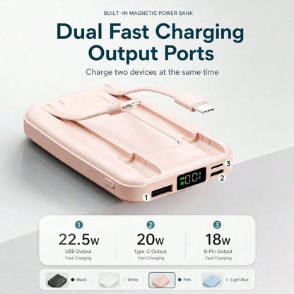 Slim White 10000mAh Magnetic Charger With 15W Wireless And 22.5W Wired Fast Charging, With Percentage Battery Screen, White And Green Styling And Adjustable Hands-Free Stand, Suited To 16, 15, 14, 13