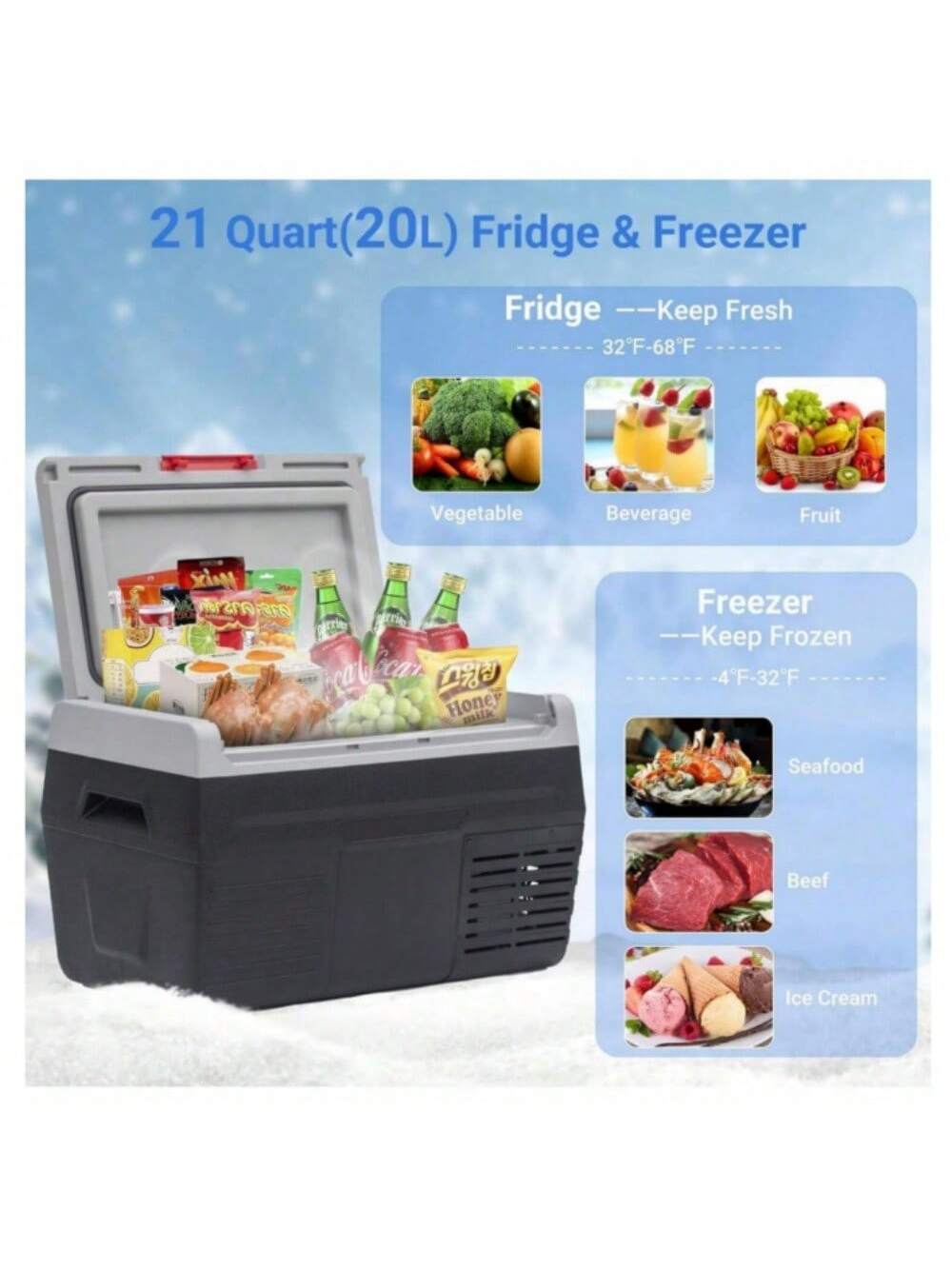 Smad 50L Car Refrigerator 12/24 D C Portable Refreigerator 2 Way Lid Opening Car Fridge With Removeble Basket Wheels Led Lighting-4℉-68℉ For Camping RV Travel And Home