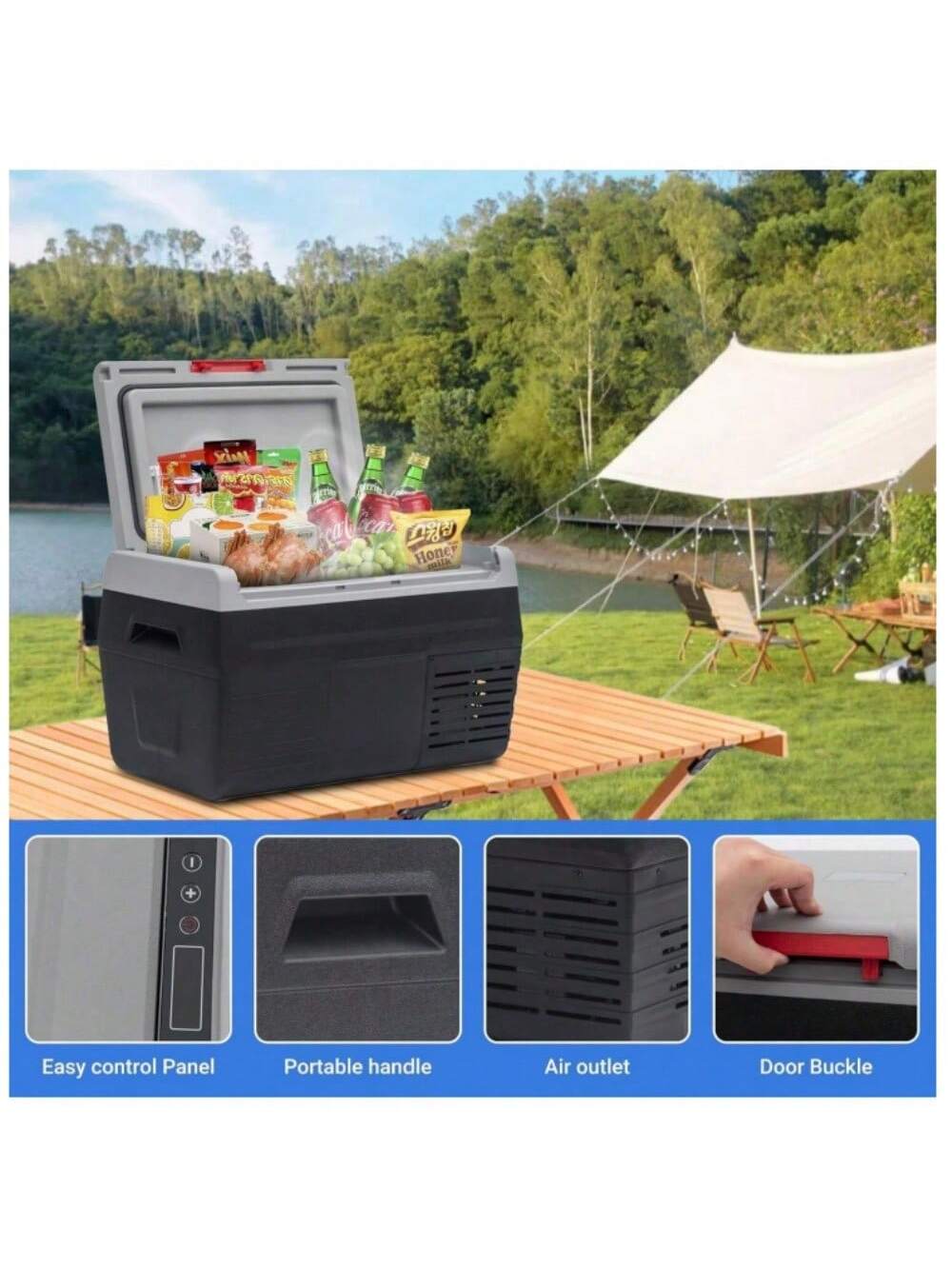 Smad 50L Car Refrigerator 12/24 D C Portable Refreigerator 2 Way Lid Opening Car Fridge With Removeble Basket Wheels Led Lighting-4℉-68℉ For Camping RV Travel And Home