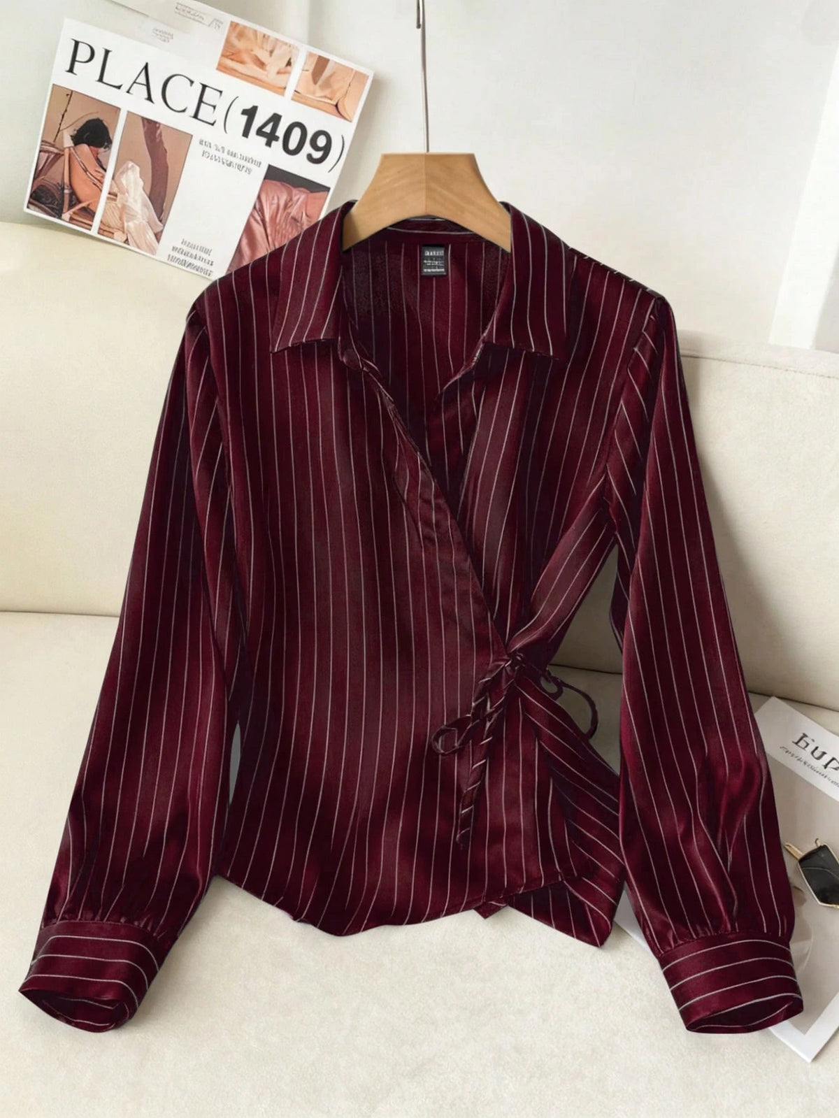 Solavon Collared Tie-Front Long Sleeve Cinched Waist Striped Casual Shirt For Women