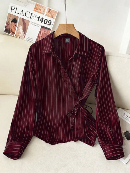 Solavon Collared Tie-Front Long Sleeve Cinched Waist Striped Casual Shirt For Women