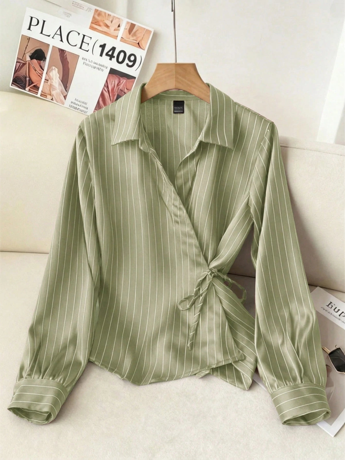 Solavon Collared Tie-Front Long Sleeve Cinched Waist Striped Casual Shirt For Women
