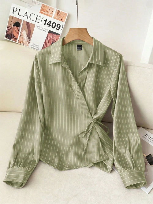 Solavon Collared Tie-Front Long Sleeve Cinched Waist Striped Casual Shirt For Women