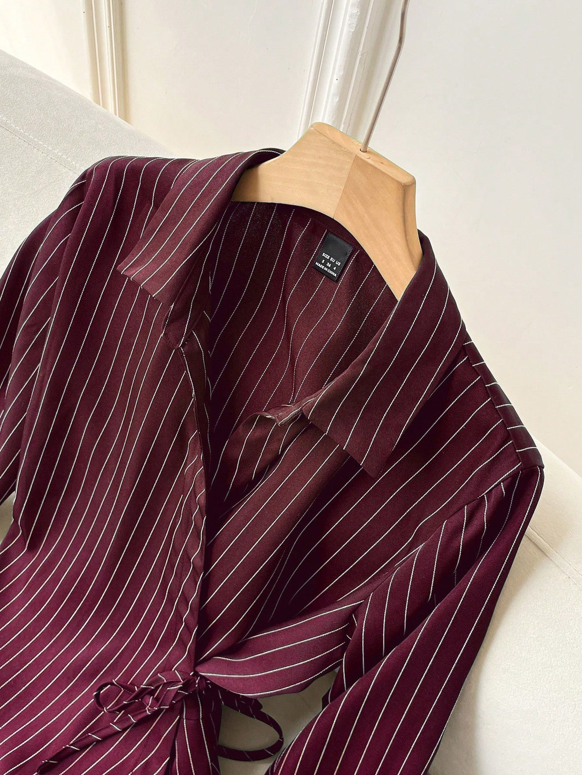 Solavon Collared Tie-Front Long Sleeve Cinched Waist Striped Casual Shirt For Women