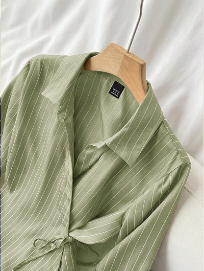 Solavon Collared Tie-Front Long Sleeve Cinched Waist Striped Casual Shirt For Women