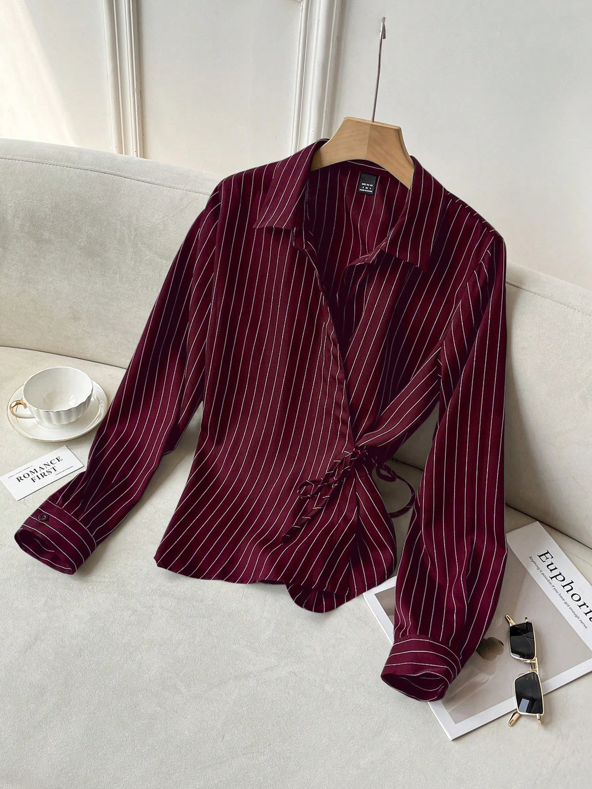 Solavon Collared Tie-Front Long Sleeve Cinched Waist Striped Casual Shirt For Women