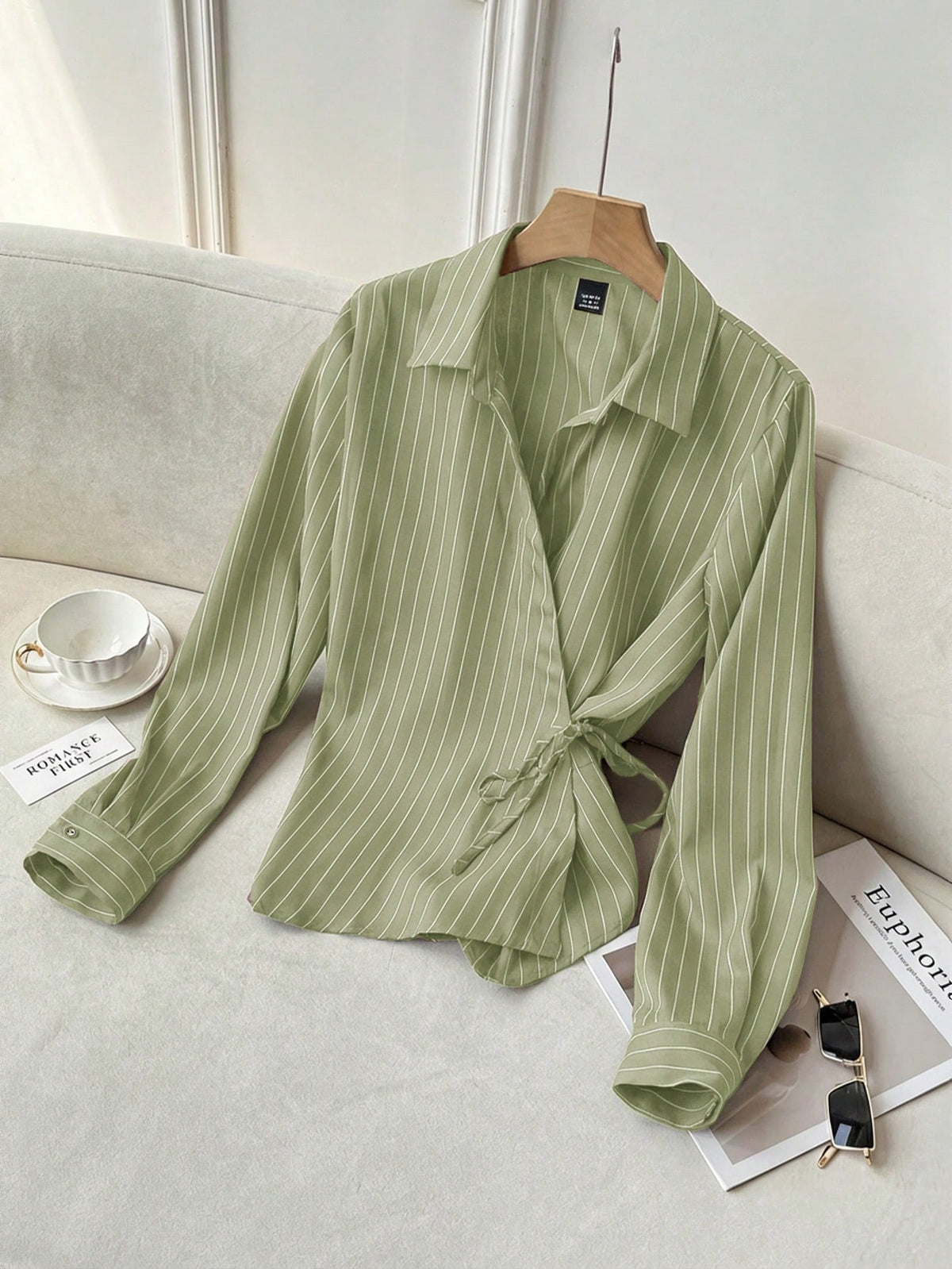 Solavon Collared Tie-Front Long Sleeve Cinched Waist Striped Casual Shirt For Women