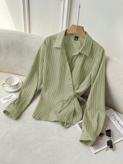 Solavon Collared Tie-Front Long Sleeve Cinched Waist Striped Casual Shirt For Women