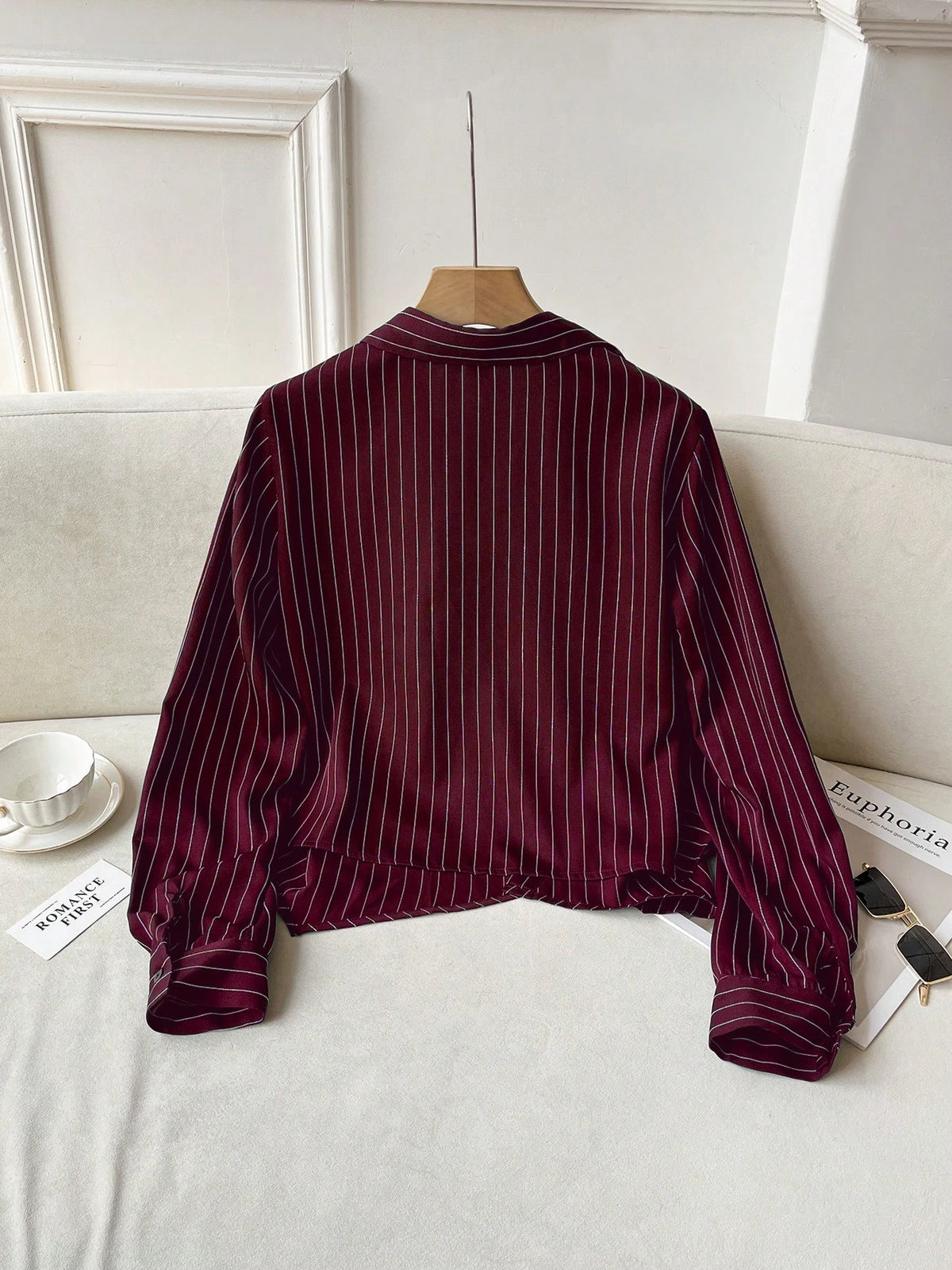 Solavon Collared Tie-Front Long Sleeve Cinched Waist Striped Casual Shirt For Women
