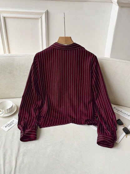 Solavon Collared Tie-Front Long Sleeve Cinched Waist Striped Casual Shirt For Women