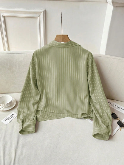 Solavon Collared Tie-Front Long Sleeve Cinched Waist Striped Casual Shirt For Women