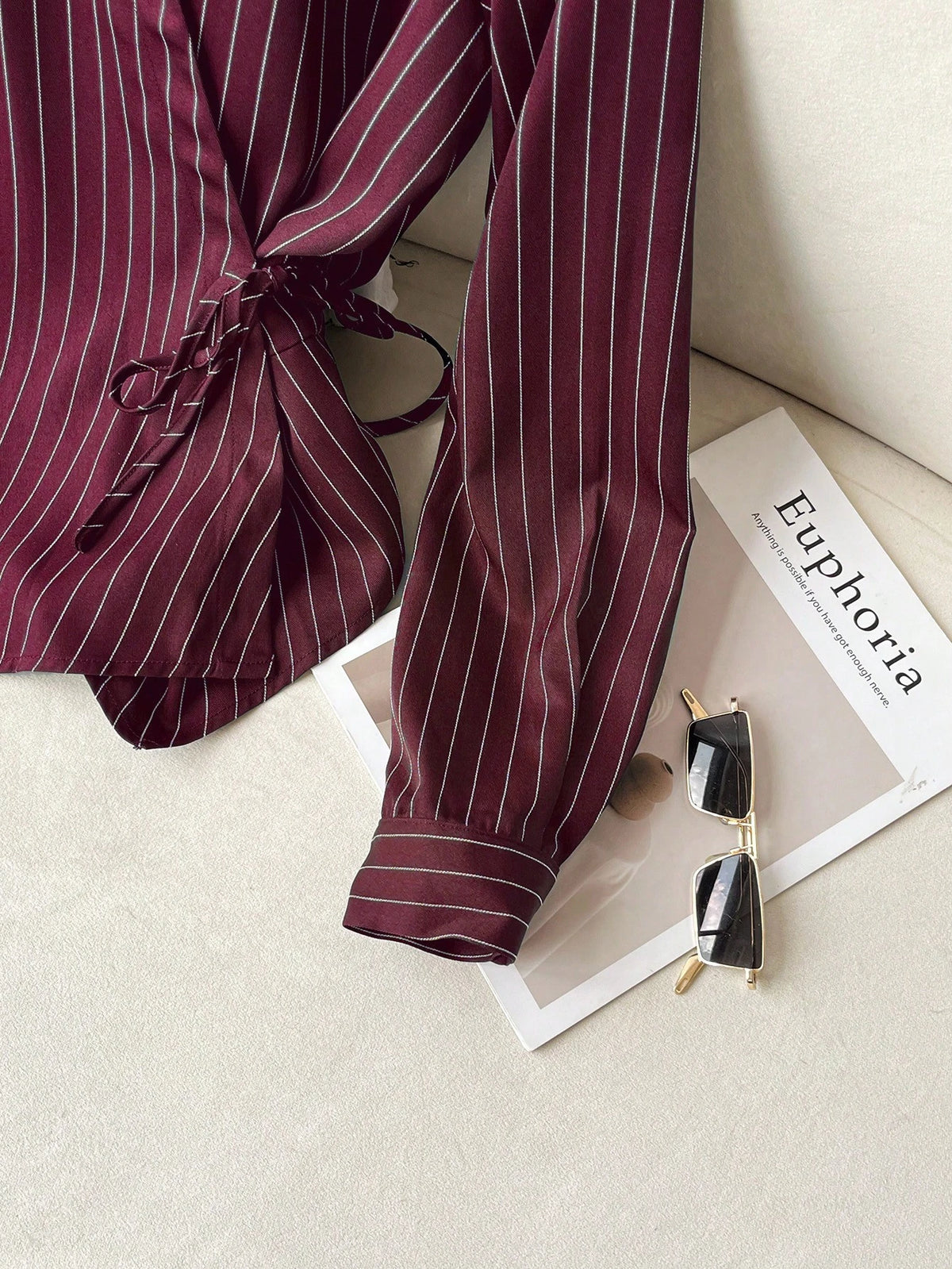 Solavon Collared Tie-Front Long Sleeve Cinched Waist Striped Casual Shirt For Women