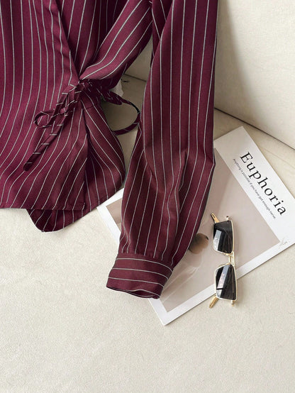 Solavon Collared Tie-Front Long Sleeve Cinched Waist Striped Casual Shirt For Women