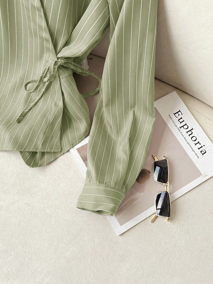 Solavon Collared Tie-Front Long Sleeve Cinched Waist Striped Casual Shirt For Women