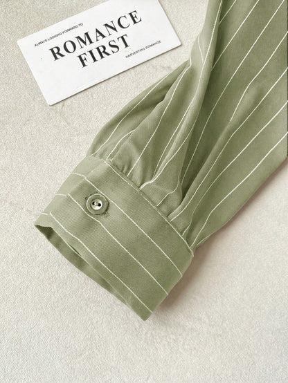 Solavon Collared Tie-Front Long Sleeve Cinched Waist Striped Casual Shirt For Women