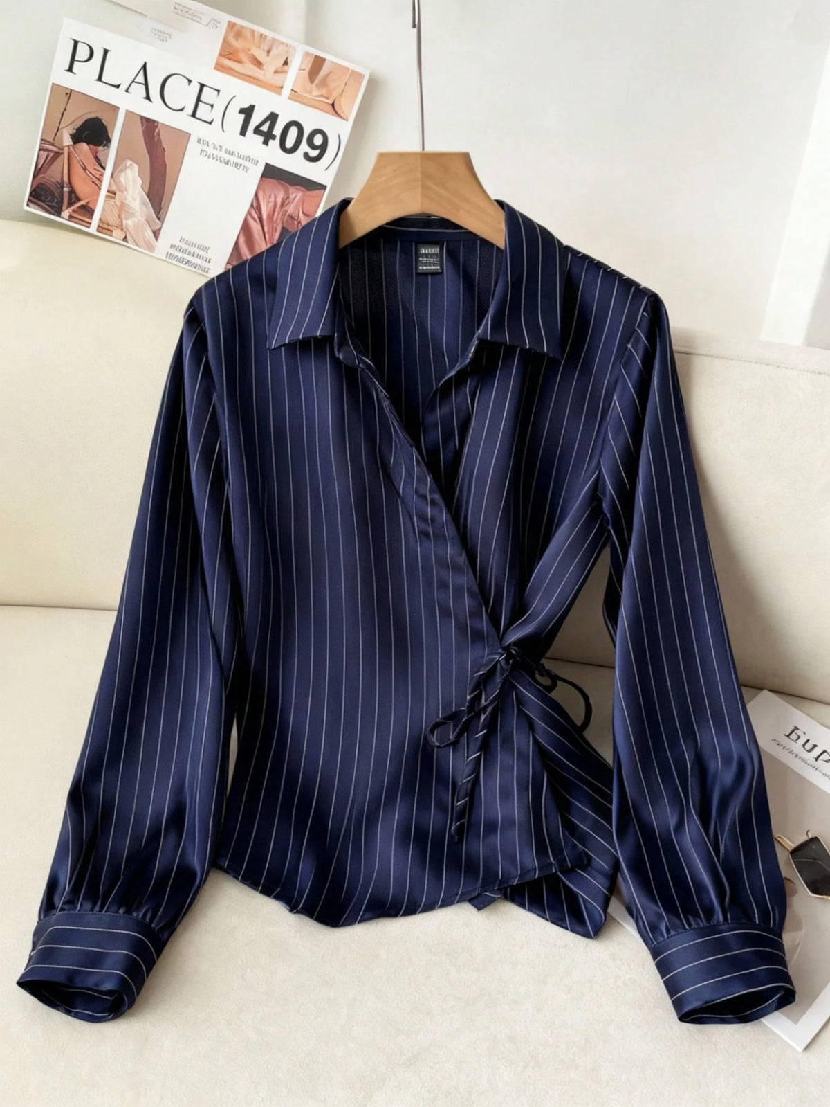 Solavon Collared Tie-Front Long Sleeve Cinched Waist Striped Casual Shirt For Women