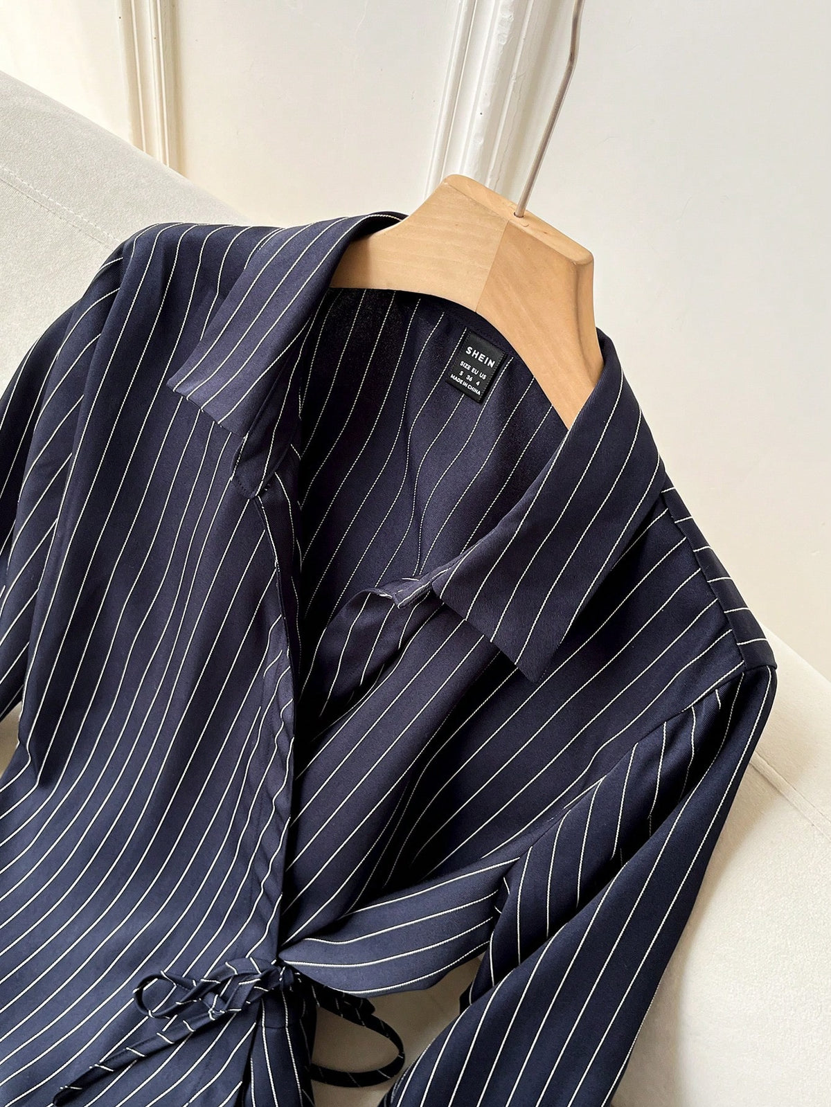 Solavon Collared Tie-Front Long Sleeve Cinched Waist Striped Casual Shirt For Women
