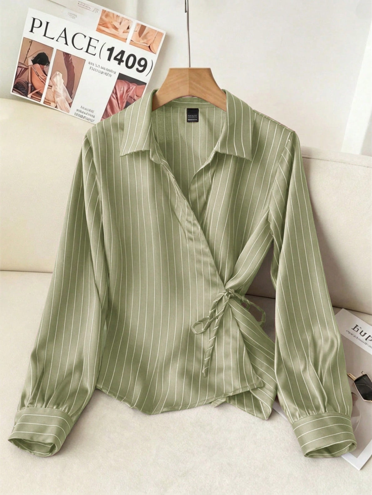 Solavon Collared Tie-Front Long Sleeve Cinched Waist Striped Casual Shirt For Women