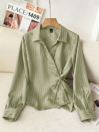 Solavon Collared Tie-Front Long Sleeve Cinched Waist Striped Casual Shirt For Women