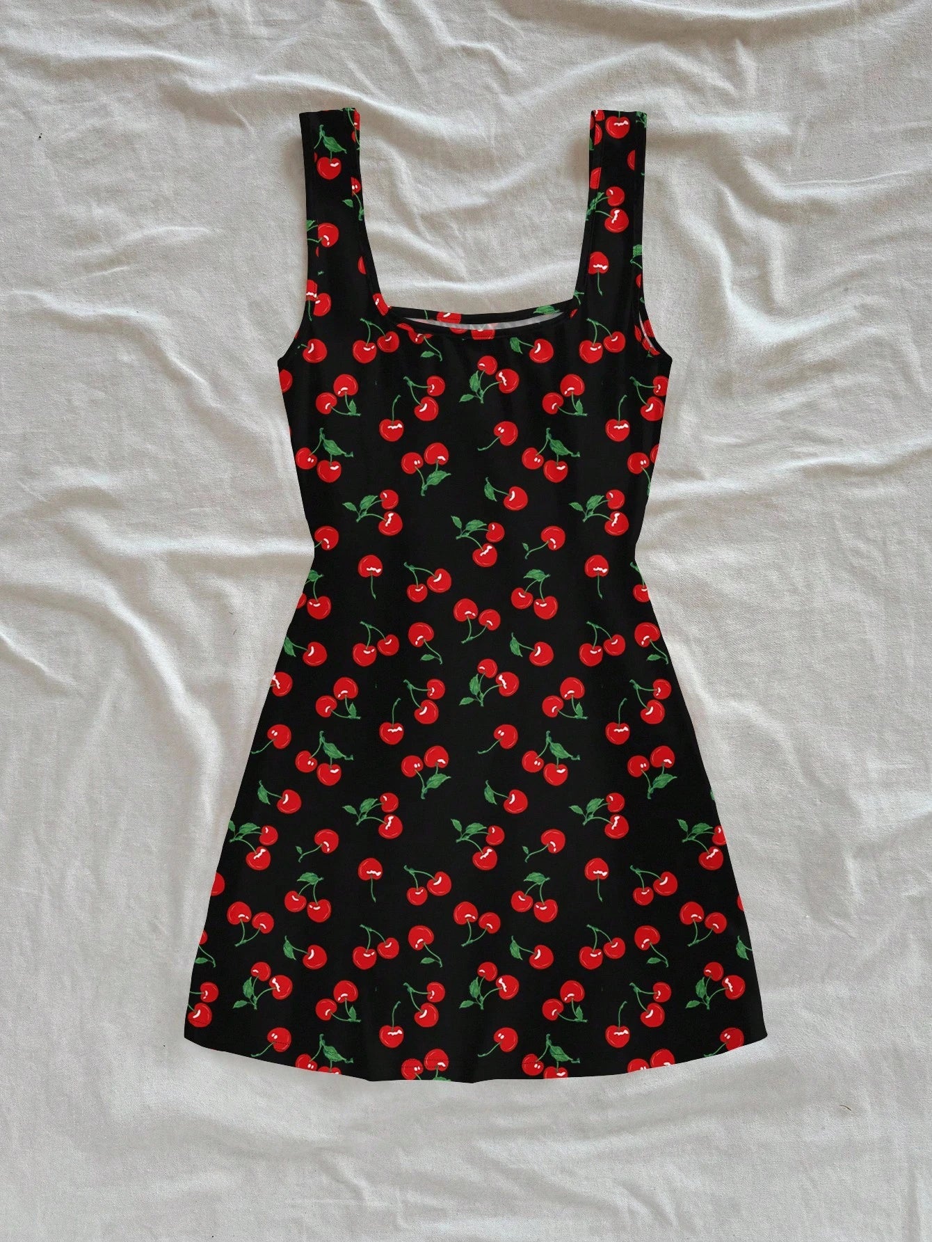 Soleia Backless U Neck Cherry Print Mini Dress For Women, Summer Bodycon Fruit Suitable Chic