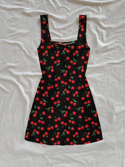 Soleia Backless U Neck Cherry Print Mini Dress For Women, Summer Bodycon Fruit Suitable Chic