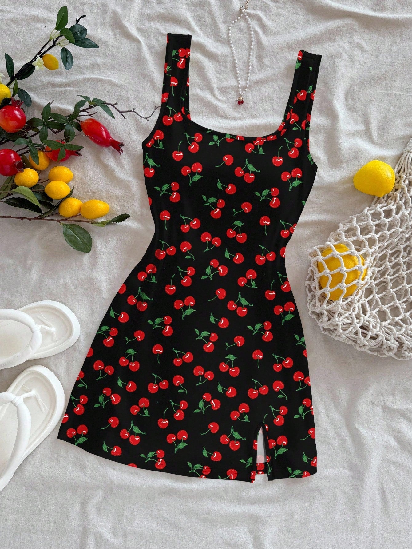 Soleia Backless U Neck Cherry Print Mini Dress For Women, Summer Bodycon Fruit Suitable Chic