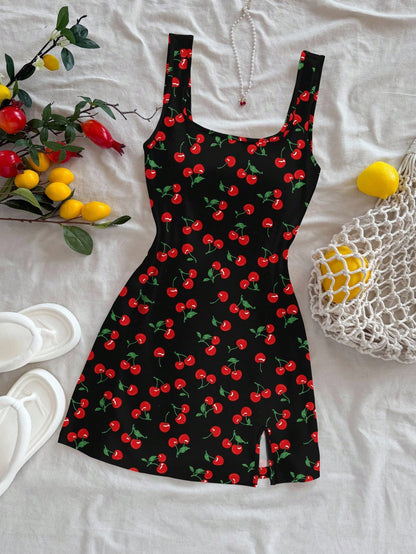 Soleia Backless U Neck Cherry Print Mini Dress For Women, Summer Bodycon Fruit Suitable Chic