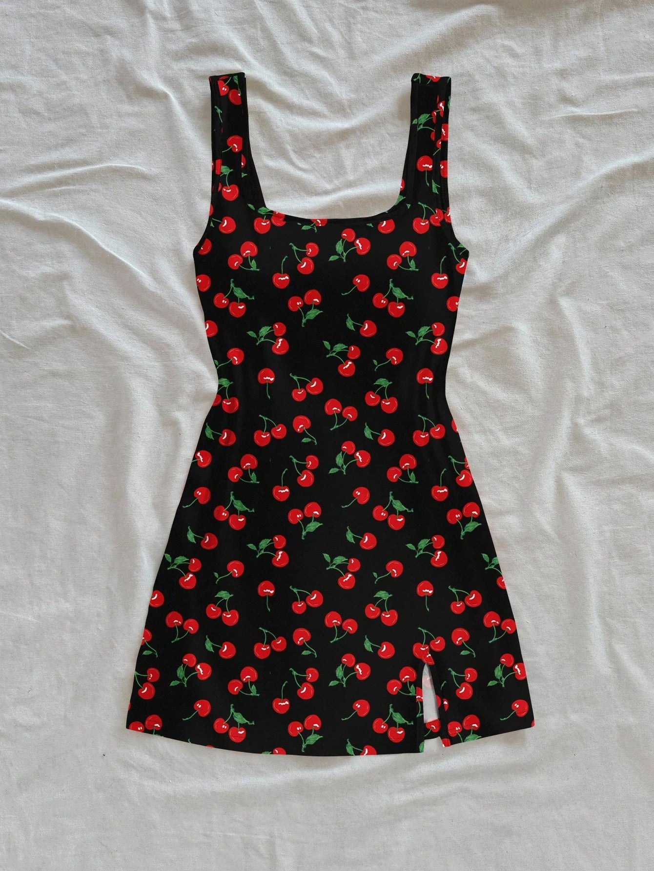 Soleia Backless U Neck Cherry Print Mini Dress For Women, Summer Bodycon Fruit Suitable Chic