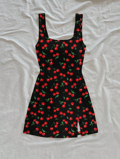Soleia Backless U Neck Cherry Print Mini Dress For Women, Summer Bodycon Fruit Suitable Chic