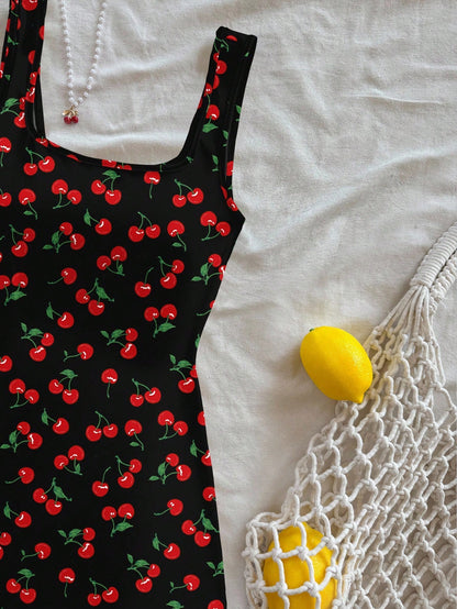Soleia Backless U Neck Cherry Print Mini Dress For Women, Summer Bodycon Fruit Suitable Chic
