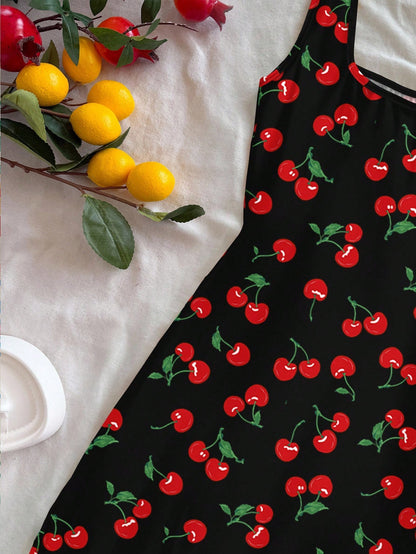Soleia Backless U Neck Cherry Print Mini Dress For Women, Summer Bodycon Fruit Suitable Chic