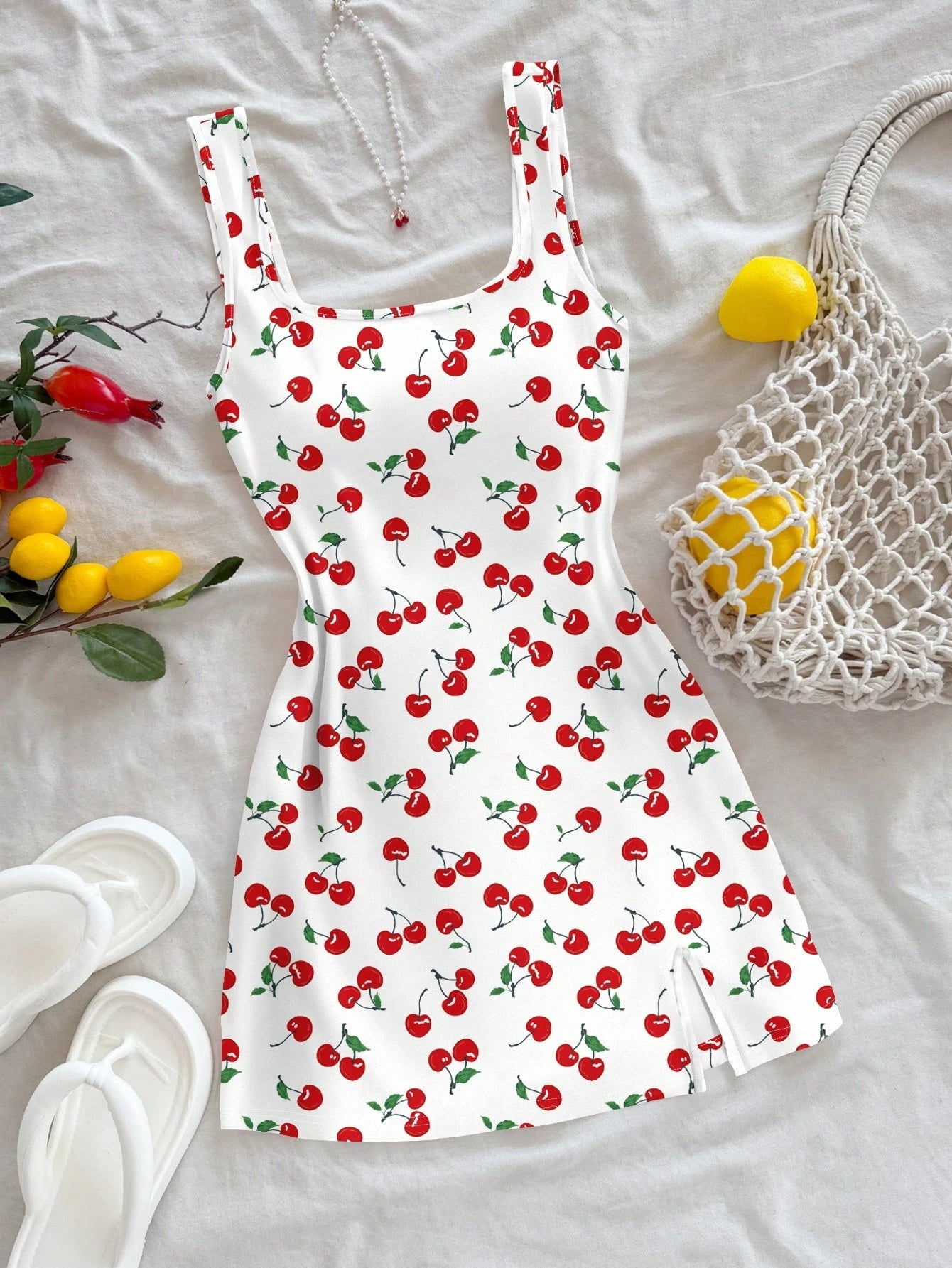 Soleia Backless U Neck Cherry Print Mini Dress For Women, Summer Bodycon Fruit Suitable Chic