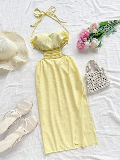 Soleia Halter Tie Neck Hollow Out Waist High Slit Backless Mid-Length Dress,Pale Yellow,Summer,Casual,Beach,Vacation,Holiday,No Chest Padding