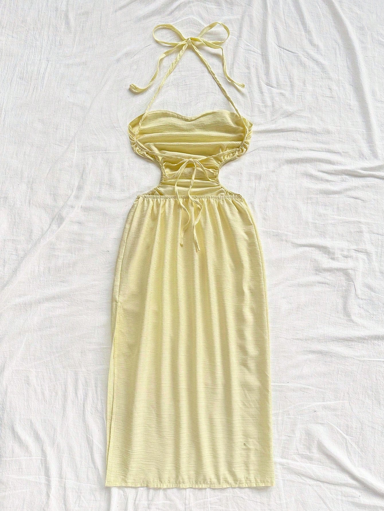 Soleia Halter Tie Neck Hollow Out Waist High Slit Backless Mid-Length Dress,Pale Yellow,Summer,Casual,Beach,Vacation,Holiday,No Chest Padding