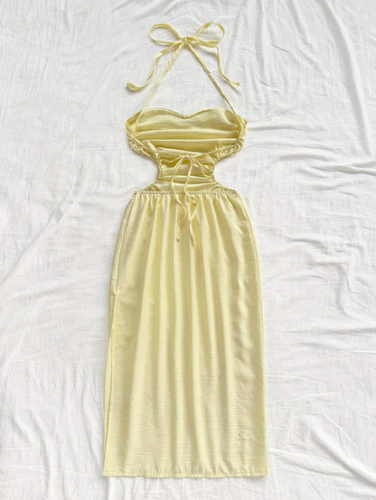 Soleia Halter Tie Neck Hollow Out Waist High Slit Backless Mid-Length Dress,Pale Yellow,Summer,Casual,Beach,Vacation,Holiday,No Chest Padding