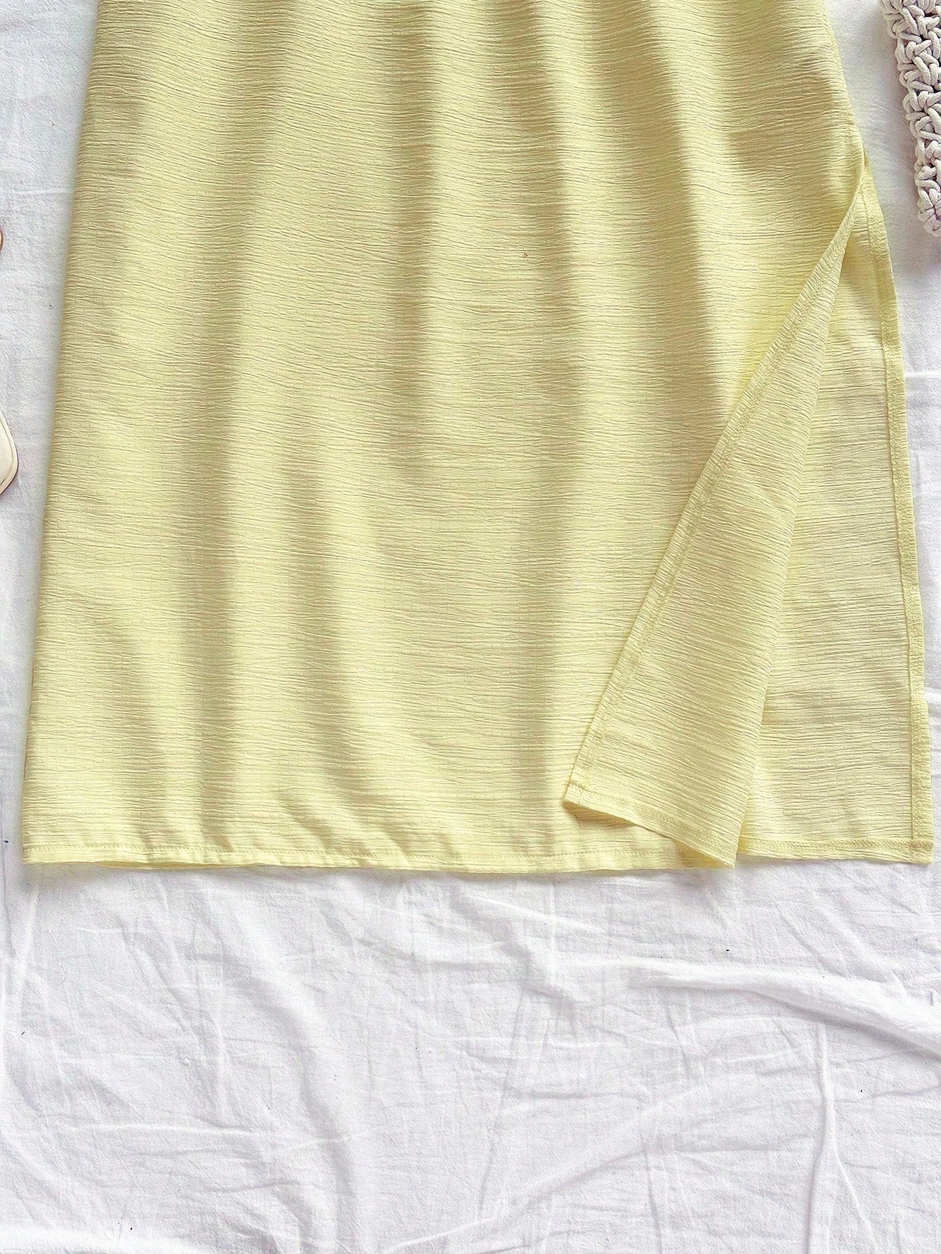 Soleia Halter Tie Neck Hollow Out Waist High Slit Backless Mid-Length Dress,Pale Yellow,Summer,Casual,Beach,Vacation,Holiday,No Chest Padding