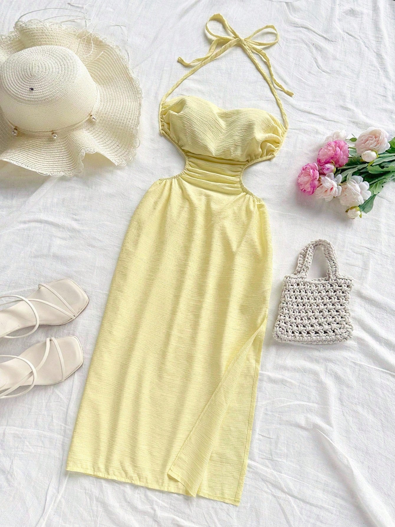 Soleia Halter Tie Neck Hollow Out Waist High Slit Backless Mid-Length Dress,Pale Yellow,Summer,Casual,Beach,Vacation,Holiday,No Chest Padding