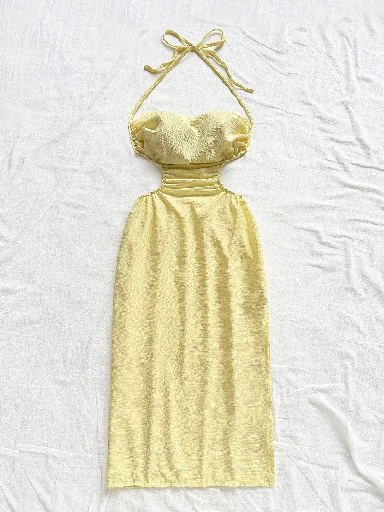 Soleia Halter Tie Neck Hollow Out Waist High Slit Backless Mid-Length Dress,Pale Yellow,Summer,Casual,Beach,Vacation,Holiday,No Chest Padding