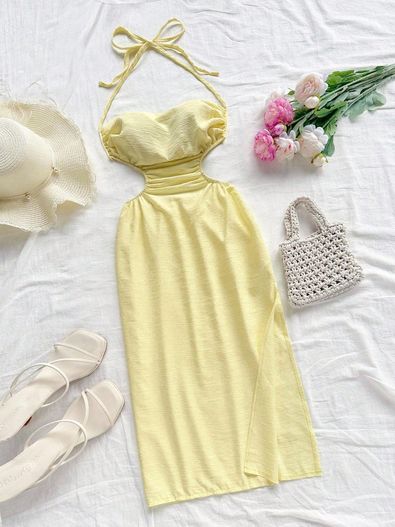 Soleia Halter Tie Neck Hollow Out Waist High Slit Backless Mid-Length Dress,Pale Yellow,Summer,Casual,Beach,Vacation,Holiday,No Chest Padding
