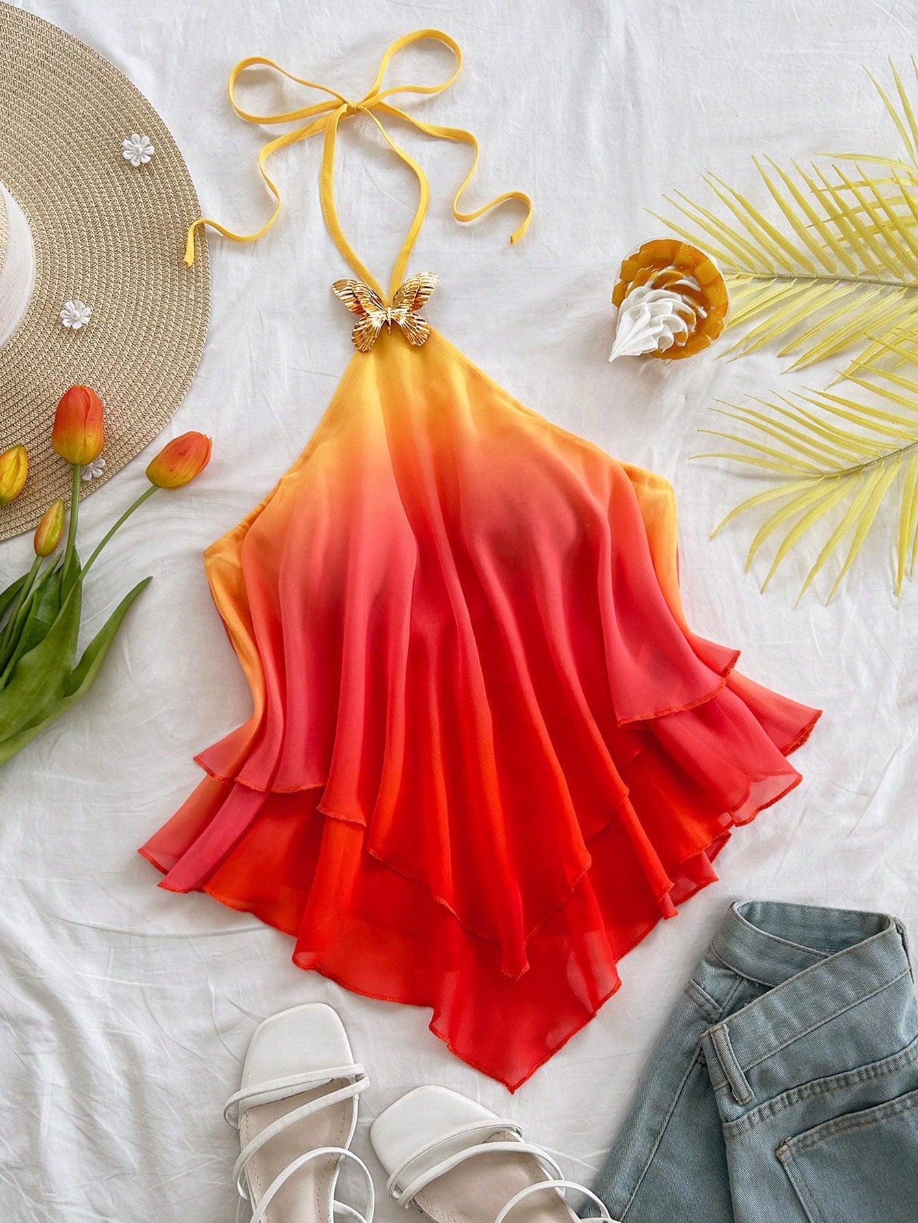 Soleia Plus Size Women's Summer Red Gradient Pink-Yellow Halter Neck Blouse,Butterfly Metal Decor Curve Top For Beach,Vacation,Holiday,Boho,Party,Festival