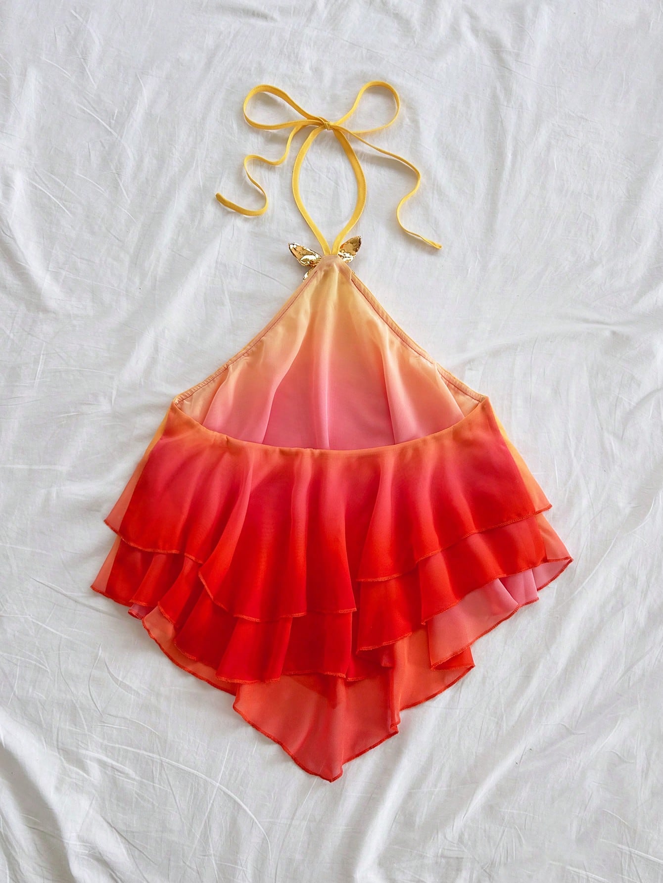 Soleia Plus Size Women's Summer Red Gradient Pink-Yellow Halter Neck Blouse,Butterfly Metal Decor Curve Top For Beach,Vacation,Holiday,Boho,Party,Festival