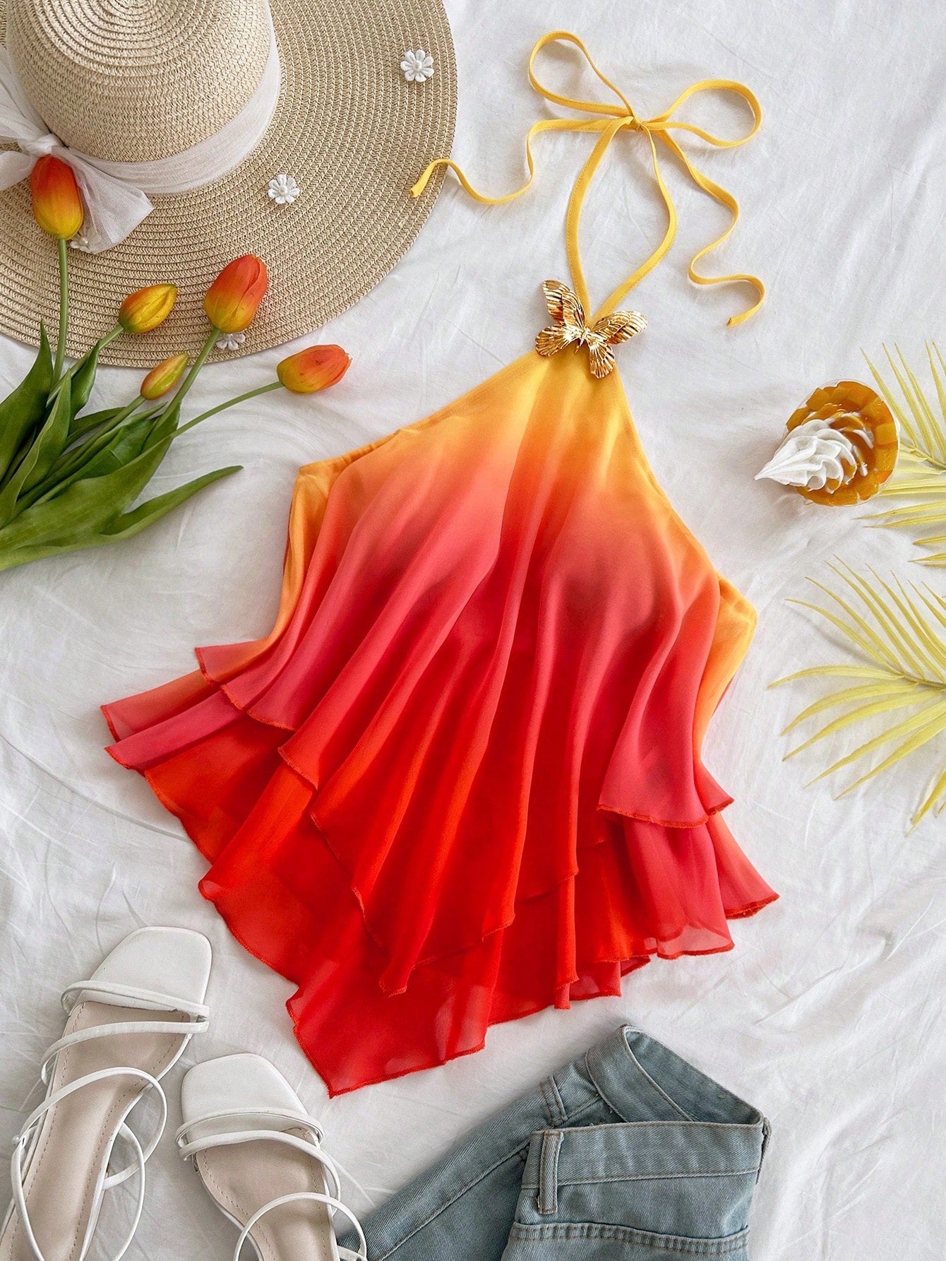 Soleia Plus Size Women's Summer Red Gradient Pink-Yellow Halter Neck Blouse,Butterfly Metal Decor Curve Top For Beach,Vacation,Holiday,Boho,Party,Festival