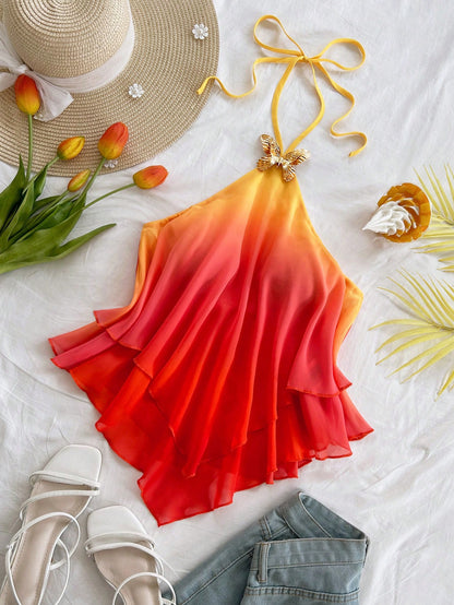 Soleia Plus Size Women's Summer Red Gradient Pink-Yellow Halter Neck Blouse,Butterfly Metal Decor Curve Top For Beach,Vacation,Holiday,Boho,Party,Festival