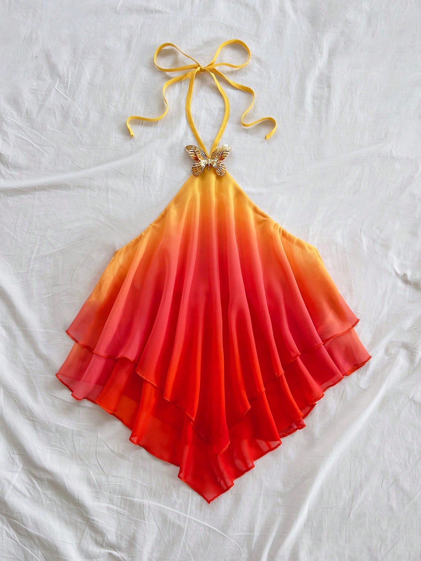 Soleia Plus Size Women's Summer Red Gradient Pink-Yellow Halter Neck Blouse,Butterfly Metal Decor Curve Top For Beach,Vacation,Holiday,Boho,Party,Festival