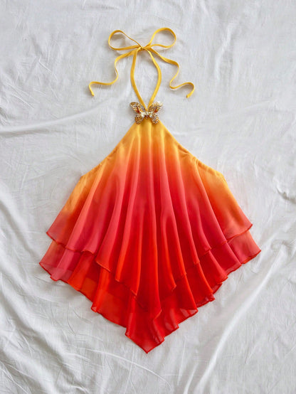 Soleia Plus Size Women's Summer Red Gradient Pink-Yellow Halter Neck Blouse,Butterfly Metal Decor Curve Top For Beach,Vacation,Holiday,Boho,Party,Festival